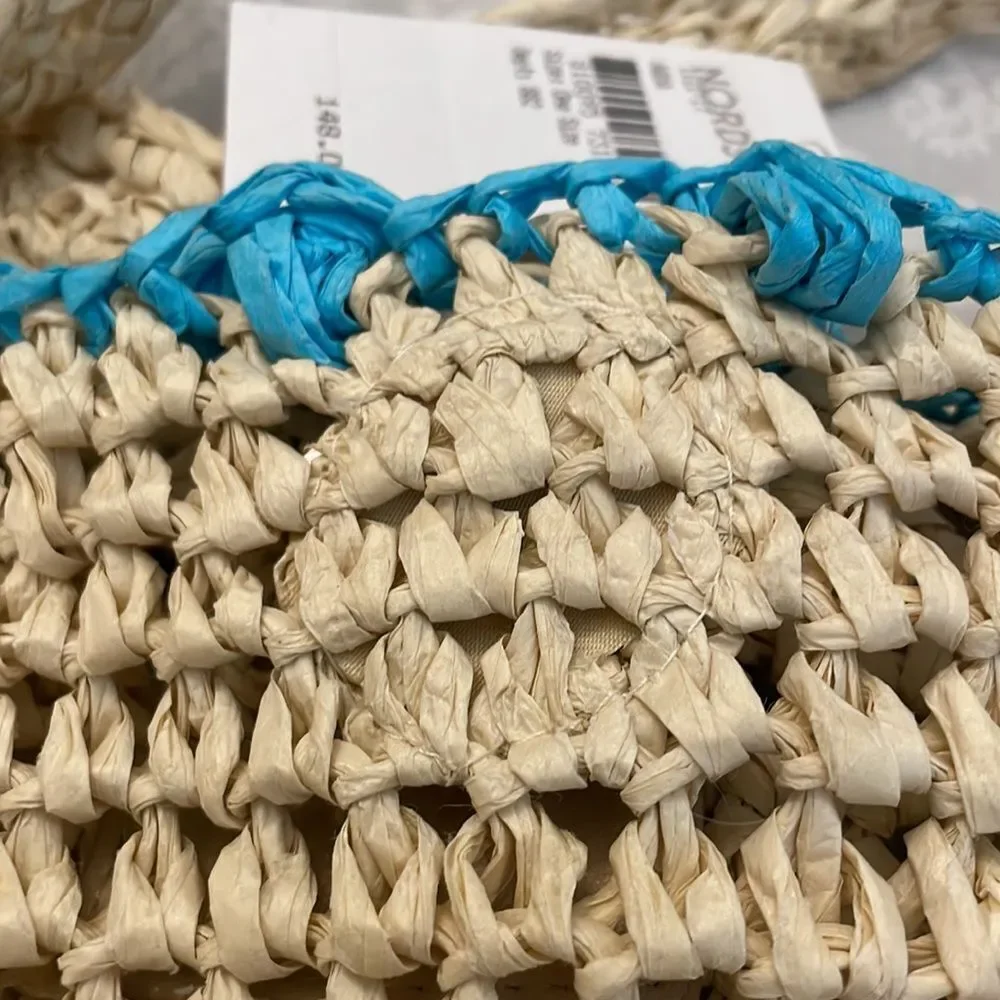BTB Los Angeles LISBETH POMPOM STRAW TOTE IN AQUA OS NWT 148.00